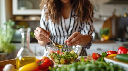 Sticker - Woman pouring olive oil in to the vegetable salad, healthy eating.