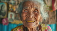 Elderly Woman With A Sad Smile And Yellow Teeth In Front Of Family Photos