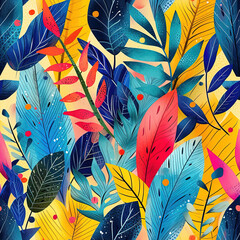 Wall Mural - Tropical leaf doodles cartoon repeat pattern, vibrant floral retro line art jungle palm leaf striped repetitive boho trendy pattern