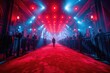 Celebrity walks the red carpet under the spotlight at night