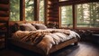 Photo showcasing a sturdy log or reclaimed wood bed frame with under bed storage, complementing a cozy cabin aesthetic