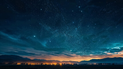 Starry night sky over a mountain horizon.