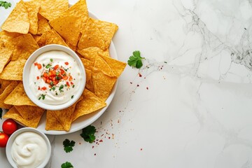 Top down view of nachos and dip on a white marble background Copy space available