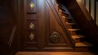 Mahogany wood hidden closet with antique brass hardware under stairs