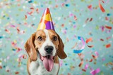 Fototapeta  - Cute happy dog celebrating at a birthday party. Beagle dog wearing a colorful birthday hat.