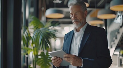 Happy middle aged business man ceo wearing suit standing in office using digital tablet. Smiling mature businessman professional executive manager looking away - generative ai