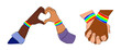 © Creative_Juice_Art - Lovers couple holding hands, making heart shape, wearing rainbow bracelets. LGBT pride month. Free love concept. Interracial romance, friendship, equality. Vector colored outline illustration isolated