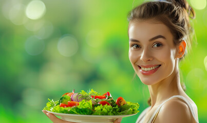 Good health happens within us. Eat food that is beneficial to your body. Eat vegetables and fruits from all 5 groups. Concept of good health, eating vegetable salad for health