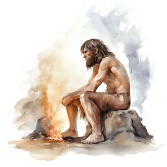 Neanderthal man sits on a stone  by the fire on white background. Watercolor illustration generated with AI. 