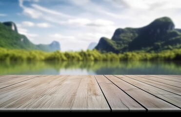 Aufkleber - Empty old wooden table in front of blurred background of the lake, blue sky
