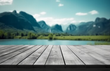 Aufkleber - Empty old wooden table in front of blurred background of the lake, blue sky