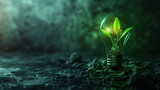 Fototapeta  - green energy light bulb with a plant and leaves on a dark background. bulb plant concept. renewable and clean energy. Ecology. Generative AI	