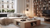Fototapeta  - A studio apartment with a coffee table that doubles as a storage ottoman