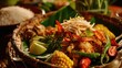 Prawns with vegetables and rice in bamboo basket on wooden table