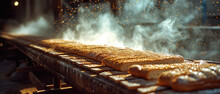 A Many Breads Being Cooked On A Grill With Smoke Coming Out Of Them
