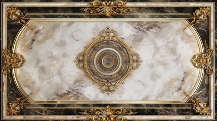 Abstract ornamental vintage aesthetics marble framed wall hanging, in the style of intricate frescoes ceiling design. Luxurious baroque style patchwork patterns. Decorative borders with gold.