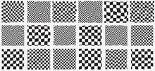 Trendy Checkered Pattern, Black And White Distorted Tiled Grid. Wavy Curved Backdrop, Distortion Effect. Funky Geometric Chessboard Texture, Retro Background In 90s Style, Y2k. Vector Illustration 