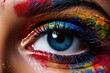 Close up micro picture of a person's eye with color decoration. Ai generated