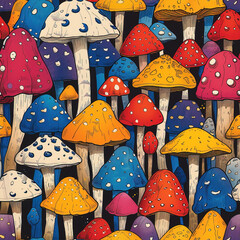 Canvas Print - Mushroom cartoon colorful groovy repeat pattern