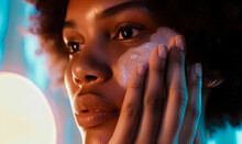 Close-up Of A Woman With Afro Applying A Shimmering Facial Cleanser, Woman Skincare
