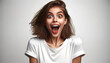 Surprised young woman in a white T-shrit - Happy mood and expression
