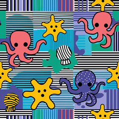 Wall Mural - Octopus cartoon colorful pop art repeat pattern