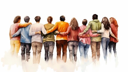 Back view of happy friends from different backgrounds enjoying watercolor painting together