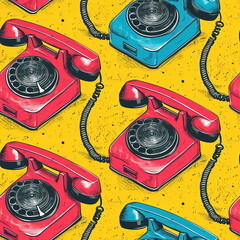 Wall Mural - Retro old telephone pop art cartoon repeat pattern, vintage phone repetitive