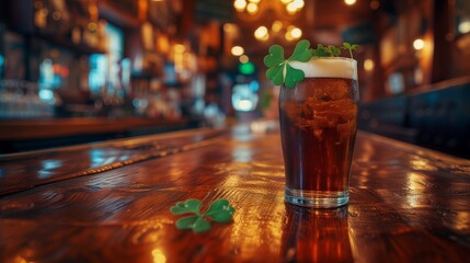 Green St. Patrick's Day shamrocks with a full cold frosty glass of beer on a rustic background in a bar