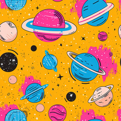 Wall Mural - Space and planets colorful minimal cartoon pop art repeat pattern