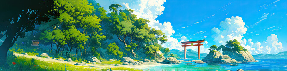 Japan landscape, Japanese landscapes illustration backdrop background, cartoon anime style beautiful views, generated ai