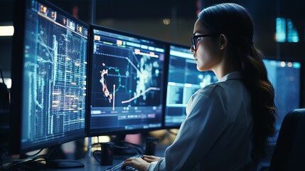 Wall Mural - Focused female software engineer analyzes data server and blockchain network in state-of-the-art monitoring control room with IT team and digital screens