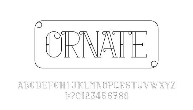 Ornate alphabet font in outline style. Letters, symbols and arabic numerals. Suitable for logos. Vector illustration for your design.