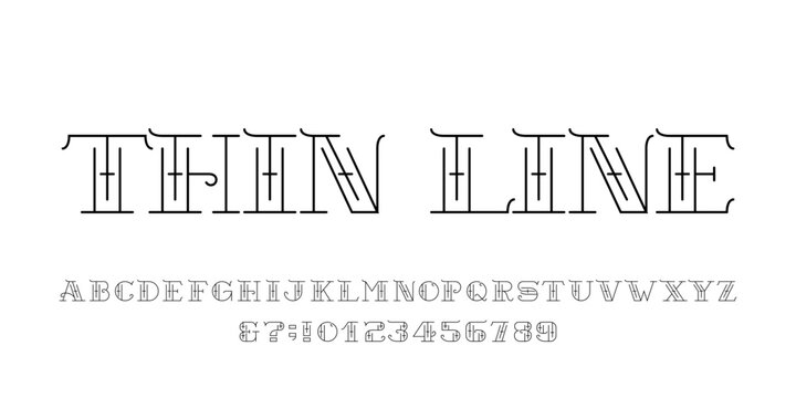 Thin Line decorated alphabet font. Letters, symbols and arabic numerals. Suitable for logos. Vector illustration for your design.