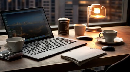 Wall Mural - Modern and minimalist office desk with Laptop and ceramic mug