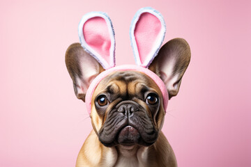 Wall Mural - French Bulldog dog wearing Easter bunny ears in fornt of pastel pink studio background