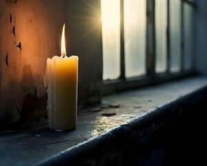 Wall Mural - a lit candle sitting on top of a window sill