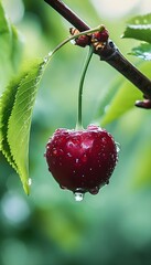 Wall Mural - a cherry hanging from a tree with water droplets on it