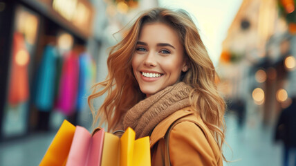 Side view of beautiful young smiling girl with emotion expression and colorful bags full of textiles and gifts on a day of shopping in the city stores. Ai generated