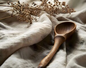 a wooden spoon sitting on top of a white cloth