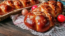 Easter bread tsoureki on table, closeup view. Sweet braided bun