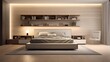 A minimalist bedroom with a bed that slides into a recessed alcove for storage