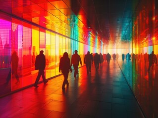 Canvas Print - People walking through a colorful hallway with colorful lights. Generative AI.