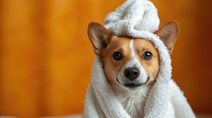 Wall Mural - A dog wrapped in a towel in a spa. Generative AI.