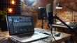 © Maxim - Professional podcast setup featuring a studio microphone and laptop with editing software, enveloped in warm ambient light, perfect for content creation.