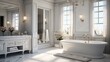 A luxurious bathroom with marble countertops, a double vanity, and a soaking tub