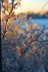 Wall Mural - a frosty window with a view of a lake