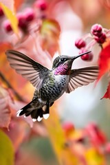 Poster - a hummingbird flying through a tree filled with pink flowers