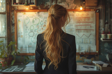 back of a businesswoman with brunette hair in an office setting