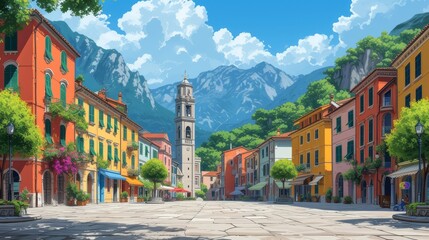Wall Mural - Illustration of a European old town